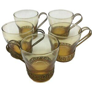 Libby Gold Greek Key Glass Continental Coffee Mugs Set of 5 Yellow Glass Vintage